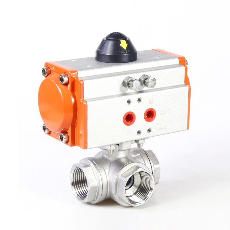 Three Way Three pieces Stainless Steel Pneumatic Ball Valve Female Thread Double Acting Cylinder Actuator Ball Valve